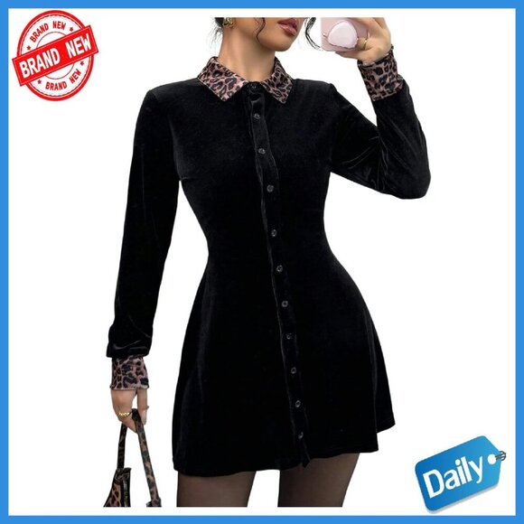 Dresses & Skirts - Velvet Leopard Print Long Sleeve Button Down Ruffle Mini Dress